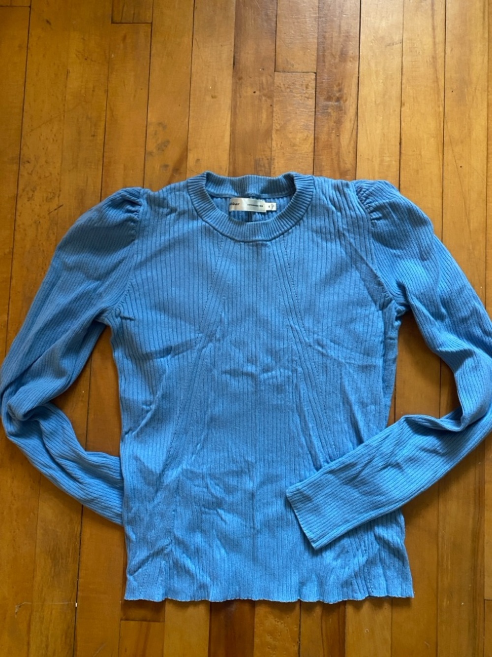 Blue Ribbed Puffed/Ruched Sleeve Cardigan